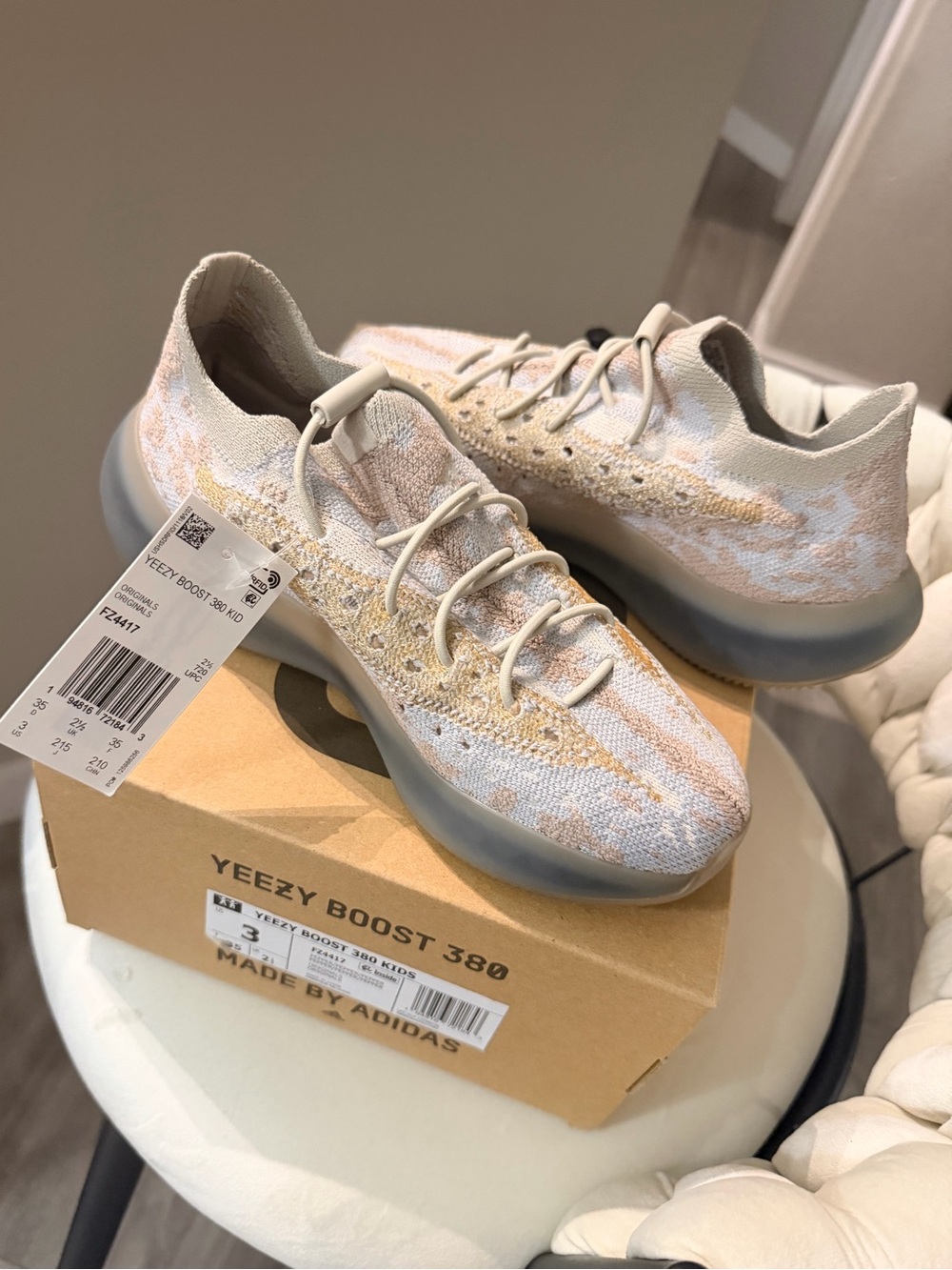 adidas Yeezy boost 389
 kids Knit Sneaker in Cream and Light Beige